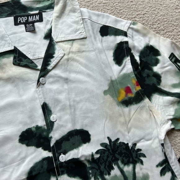 Pop Man Men's Short Sleeve Button Up Shirt Palm Tree Beach Print Green White S - Picture 10 of 13
